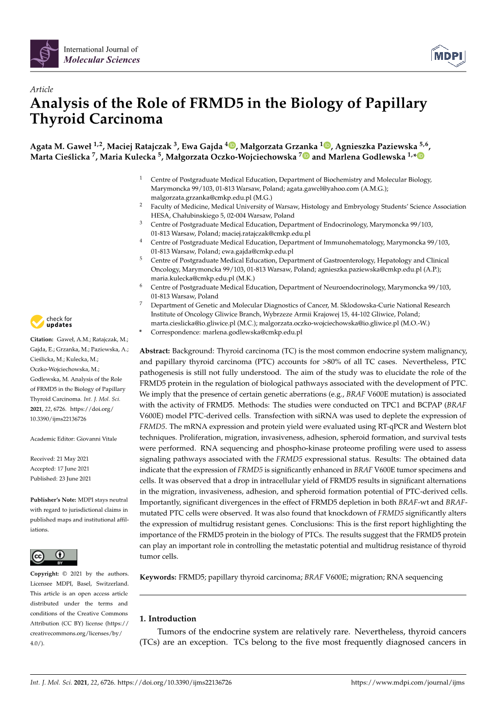 Analysis of the Role of FRMD5 in the Biology of Papillary Thyroid Carcinoma