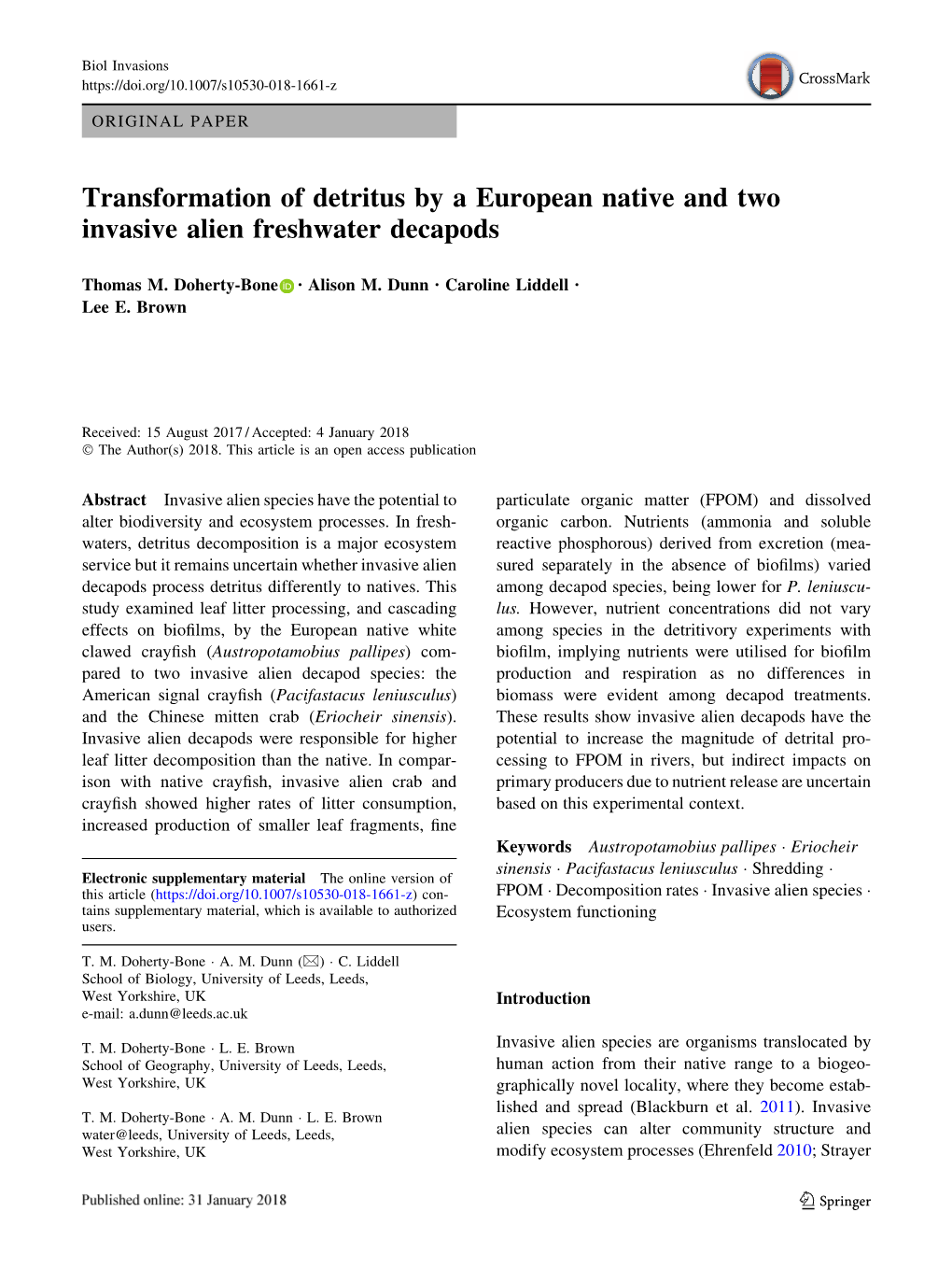 Transformation of Detritus by a European Native and Two Invasive Alien Freshwater Decapods