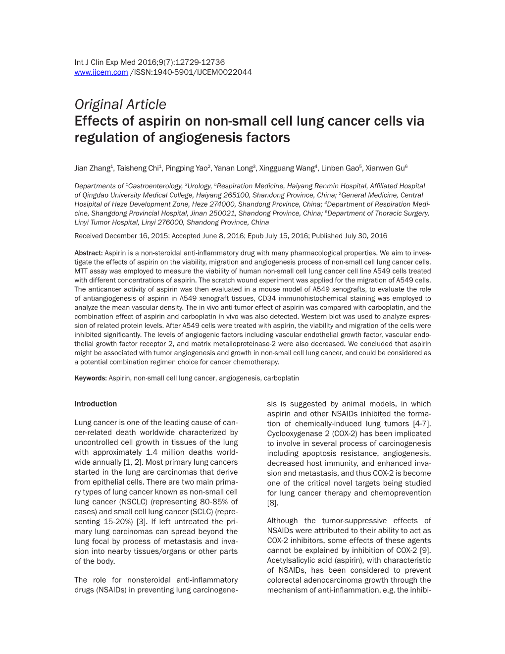 Original Article Effects of Aspirin on Non-Small Cell Lung Cancer Cells Via Regulation of Angiogenesis Factors