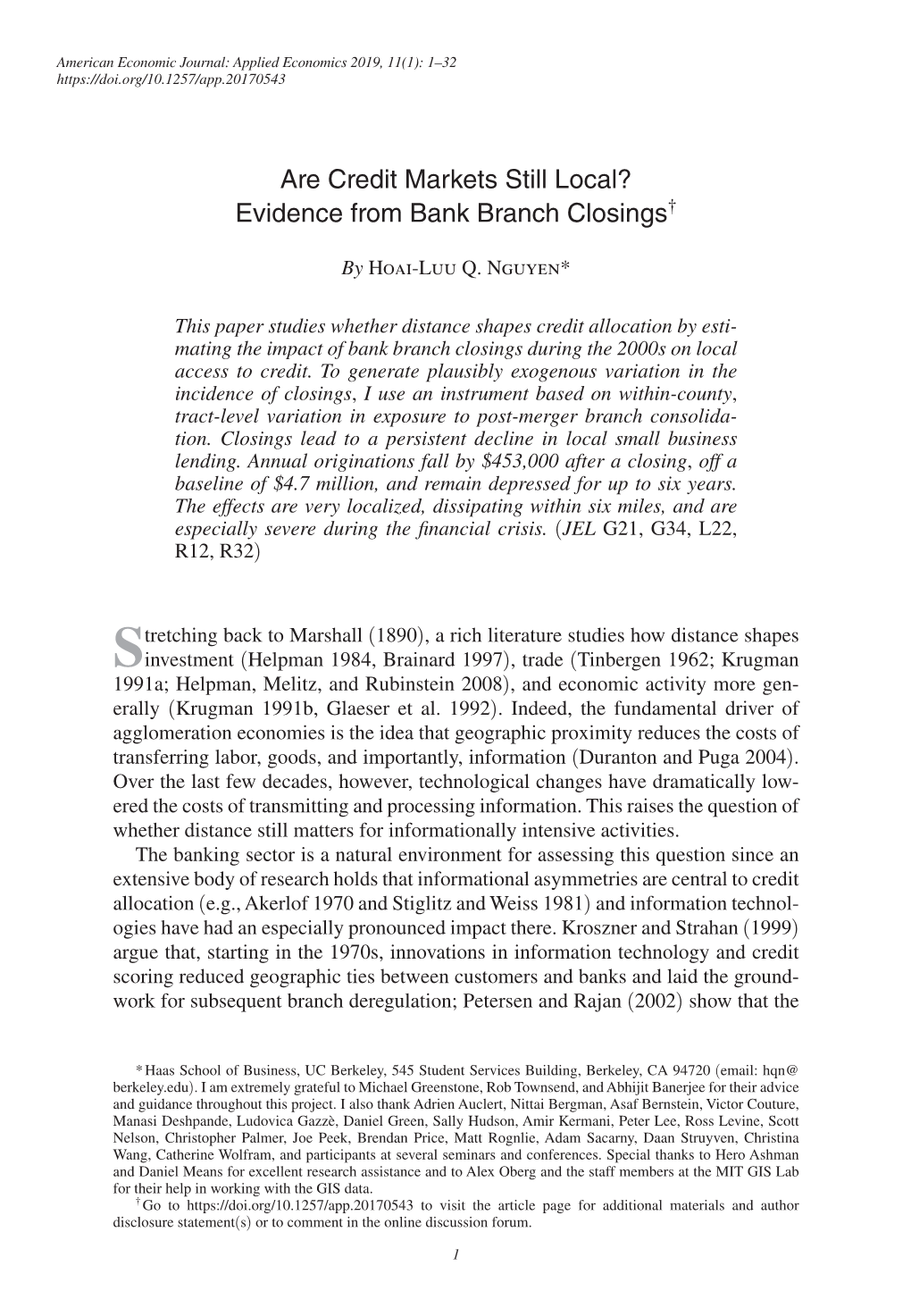 Are Credit Markets Still Local? Evidence from Bank Branch Closings†