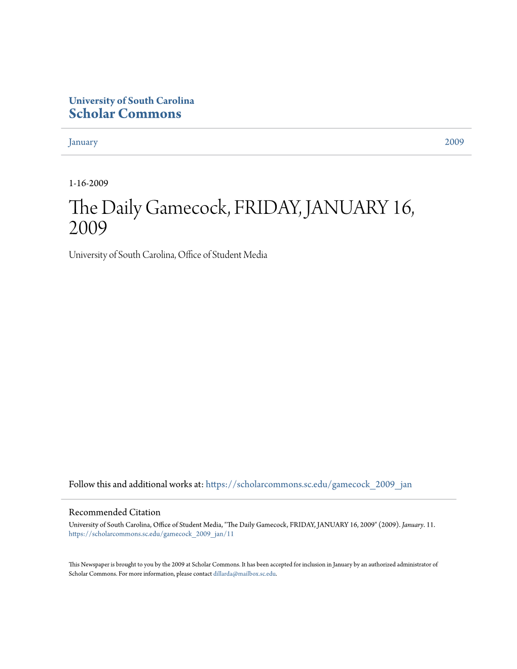 The Daily Gamecock, FRIDAY, JANUARY 16, 2009