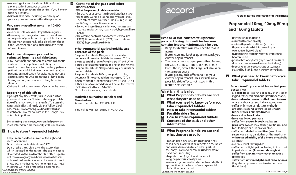 Propranolol 10Mg, 40Mg, 80Mg and 160Mg Tablets