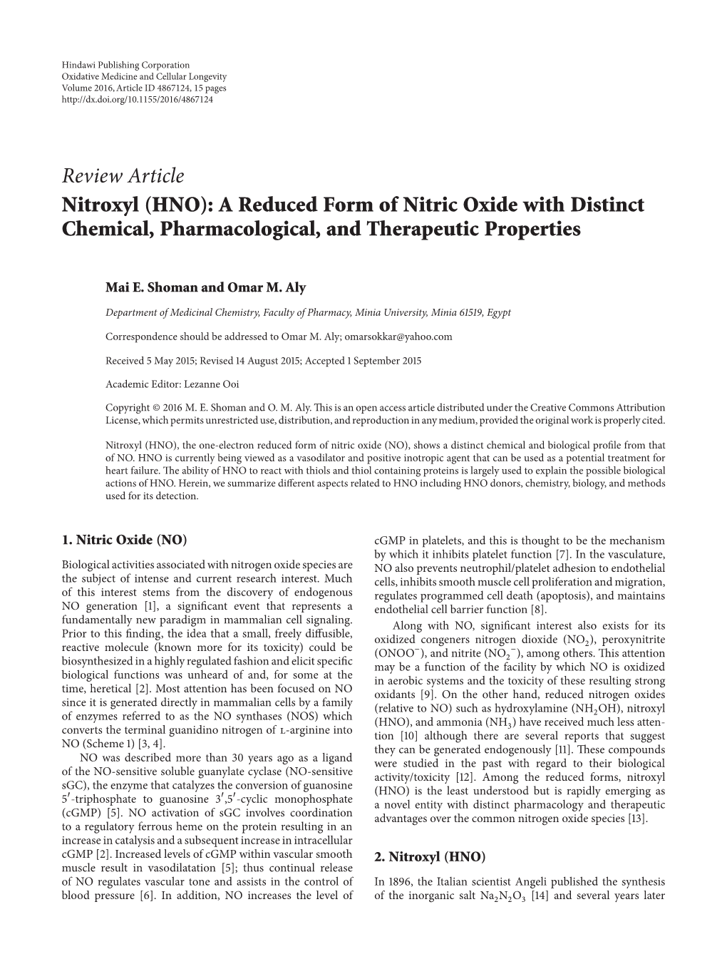 Nitroxyl (HNO): a Reduced Form of Nitric Oxide with Distinct Chemical, Pharmacological, and Therapeutic Properties