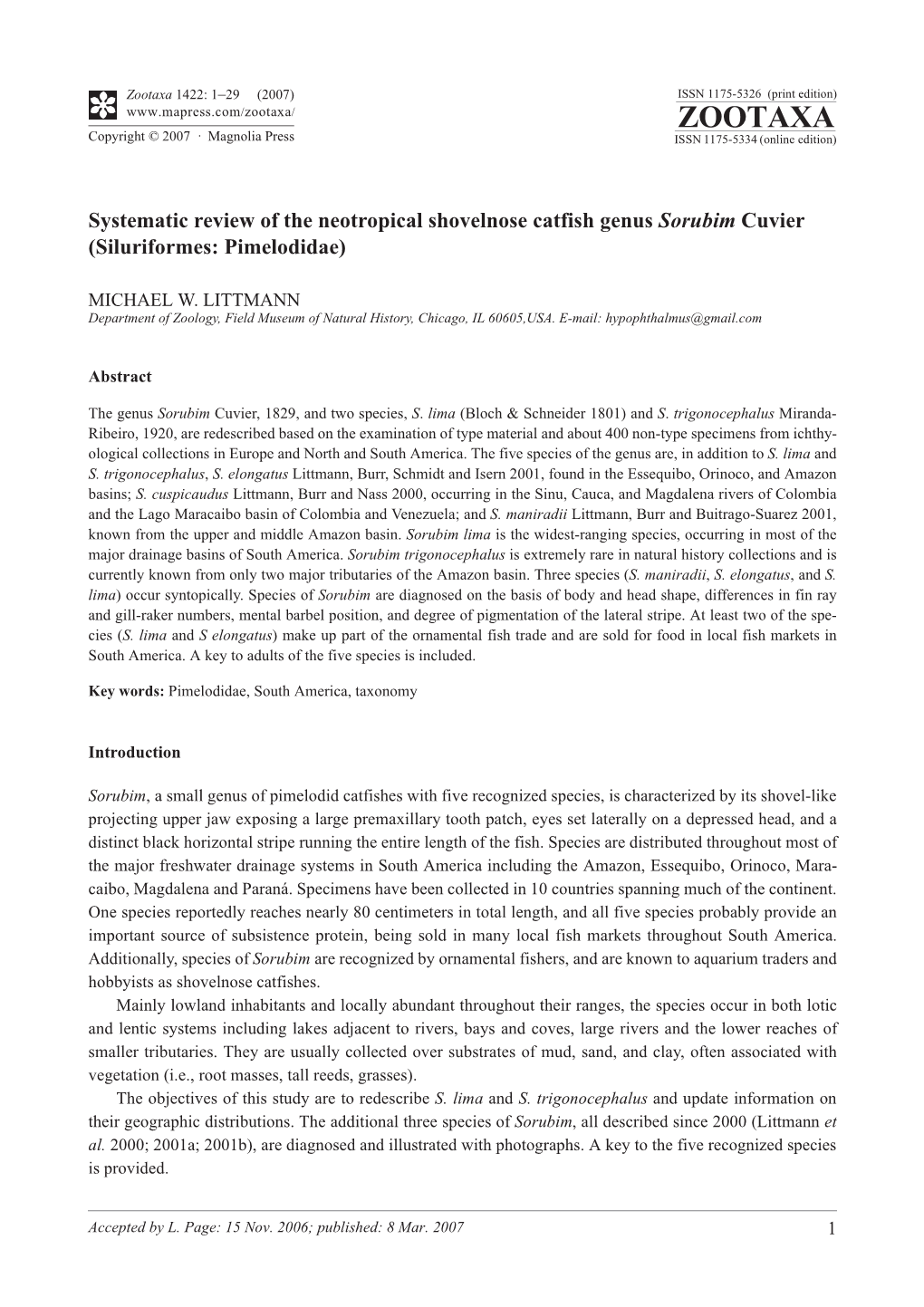 Zootaxa, Systematic Review of the Neotropical Shovelnose