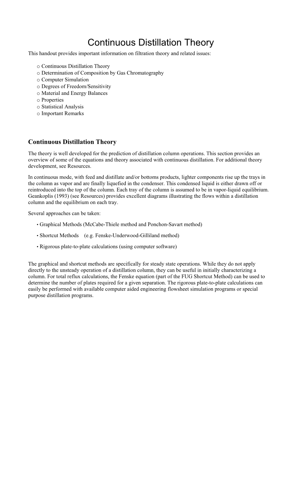 Continuous Distillation Theory This Handout Provides Important Information on Filtration Theory and Related Issues