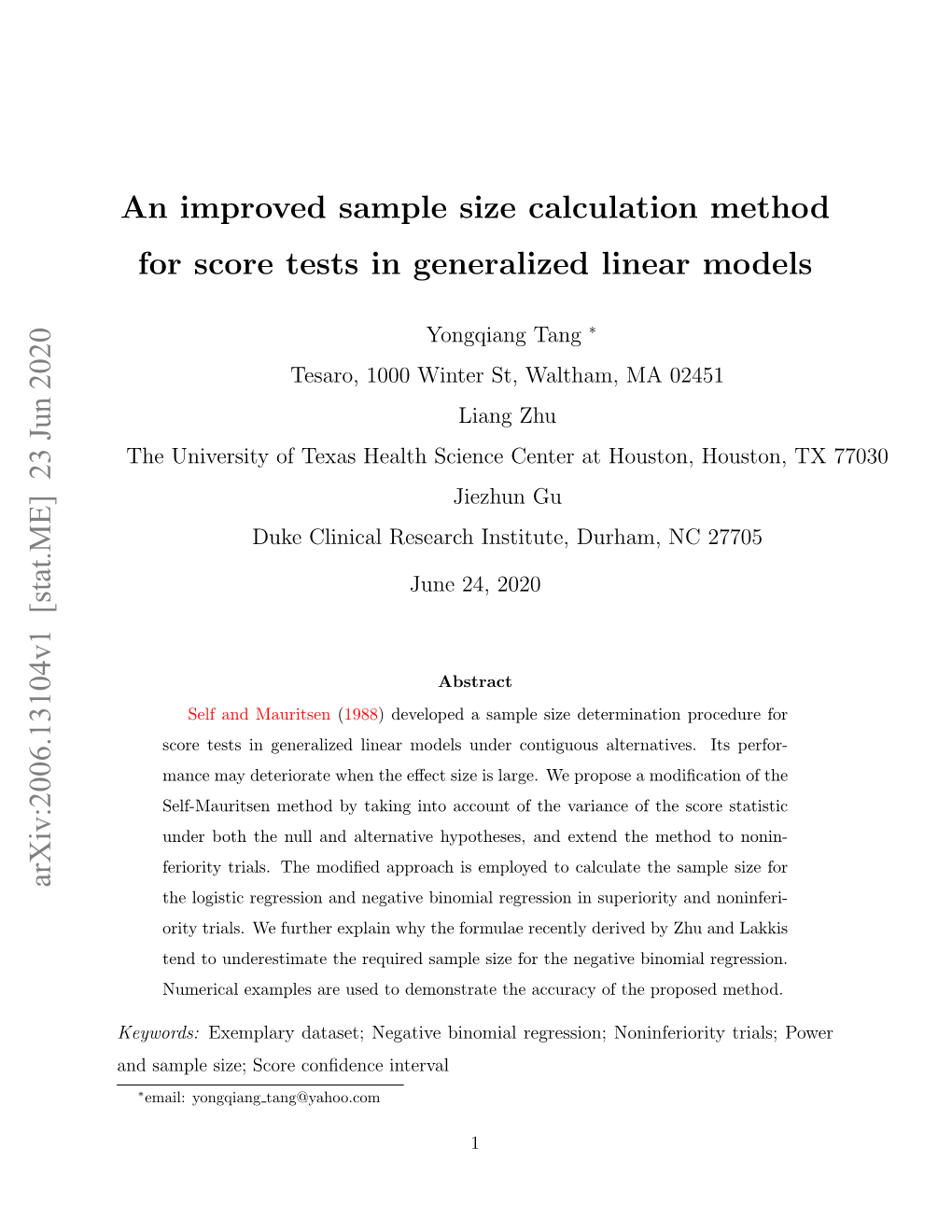 An Improved Sample Size Calculation Method for Score Tests in Generalized Linear Models Arxiv:2006.13104V1 [Stat.ME] 23 Jun 20