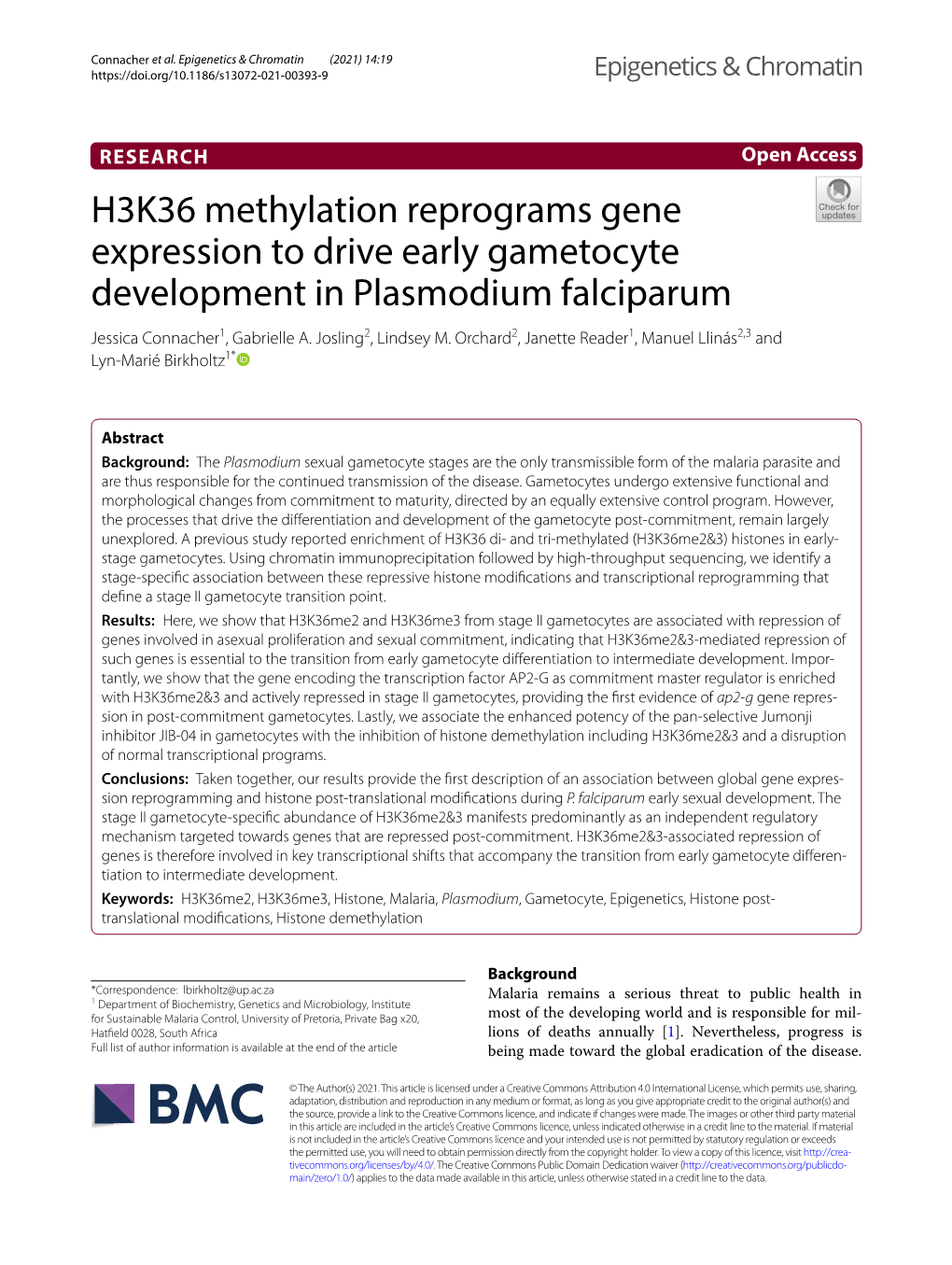 H3K36 Methylation Reprograms Gene Expression to Drive Early Gametocyte Development in Plasmodium Falciparum Jessica Connacher1, Gabrielle A