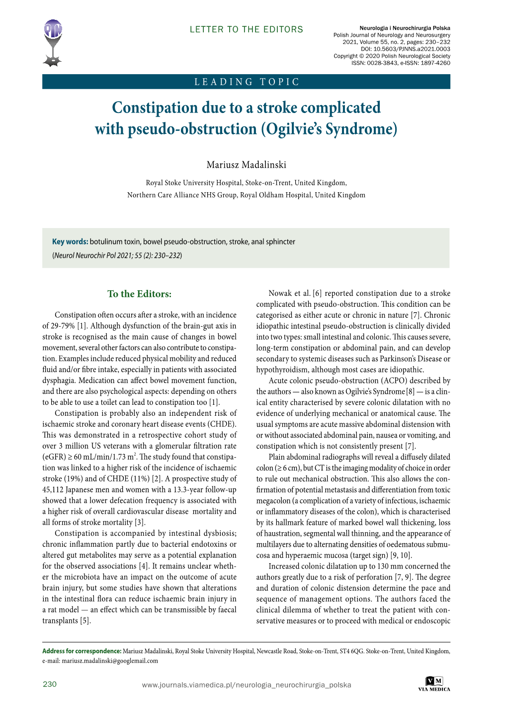 Constipation Due to a Stroke Complicated with Pseudo-Obstruction (Ogilvie’S Syndrome)