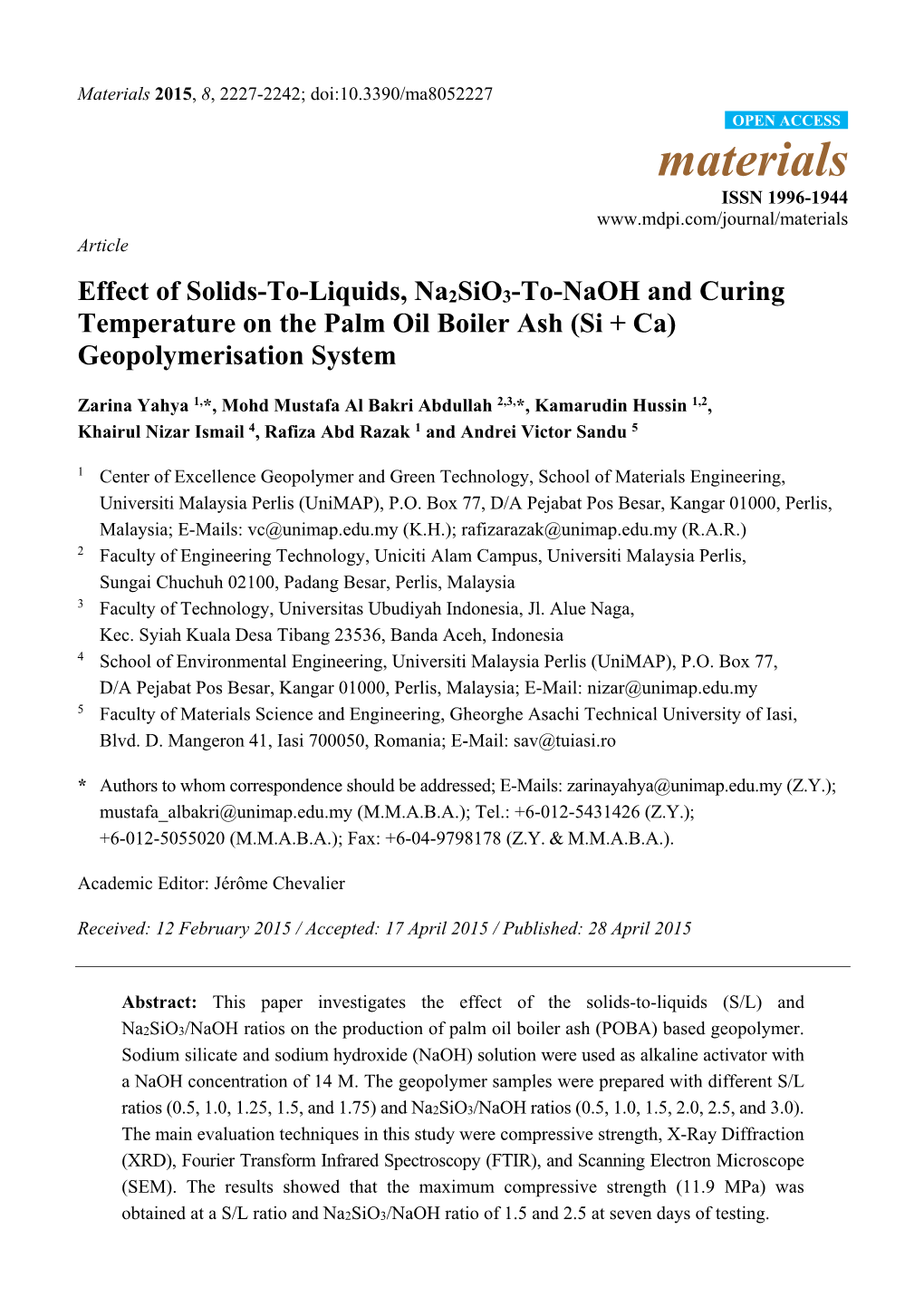 Effect of Solids-To-Liquids, Na2sio3-To-Naoh and Curing Temperature on the Palm Oil Boiler Ash (Si + Ca) Geopolymerisation System