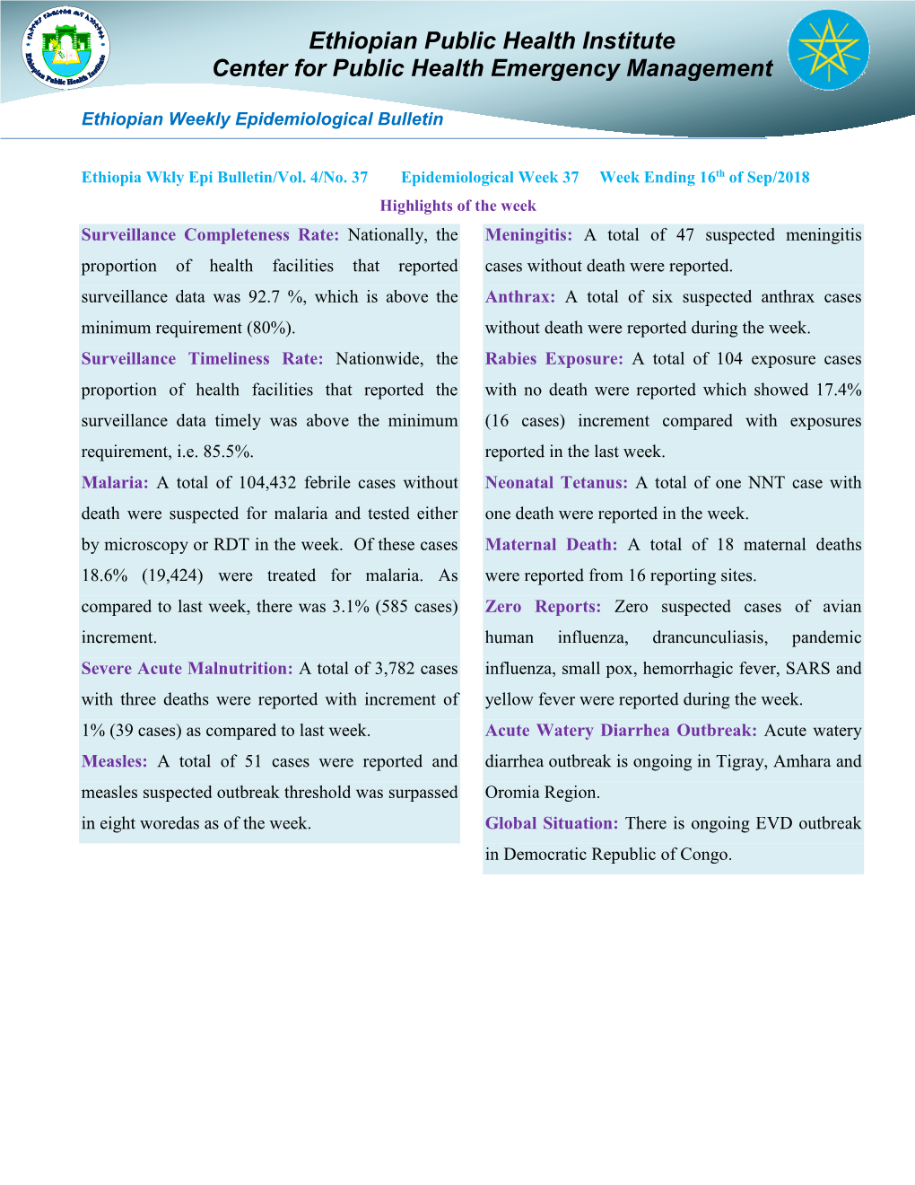 Ethiopian Weekly Epidemiological Bulletin