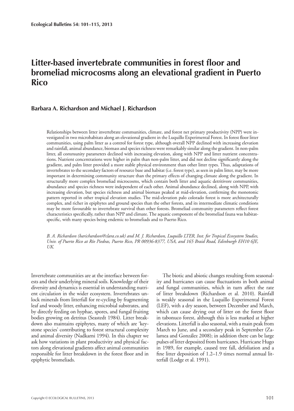 Litter-Based Invertebrate Communities in Forest Floor and Bromeliad Microcosms Along an Elevational Gradient in Puerto Rico