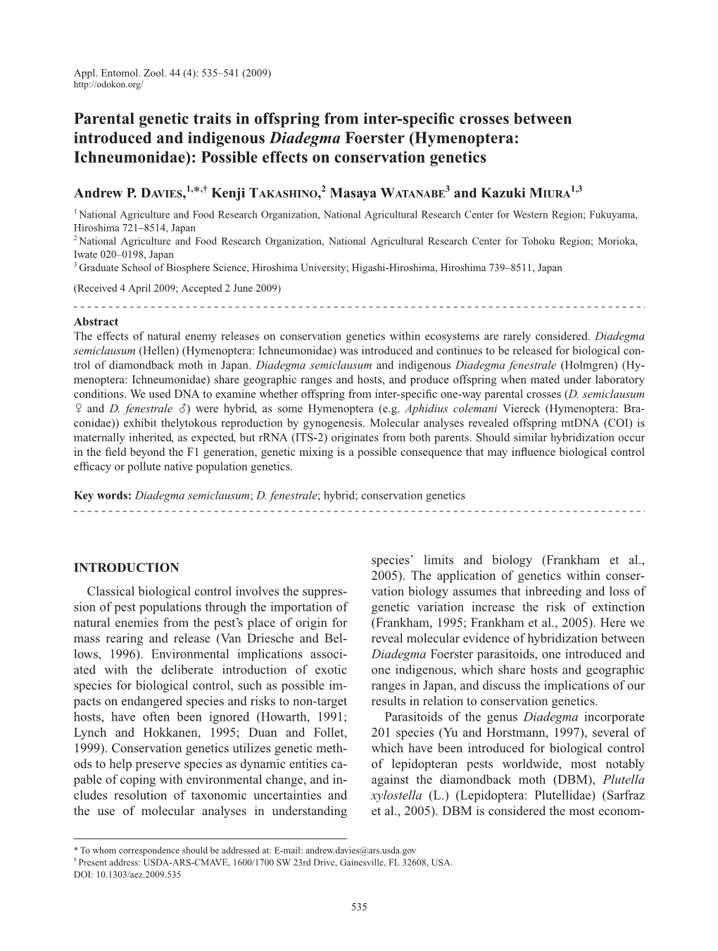 Parental Genetic Traits in Offspring from Inter-Specific Crosses Between