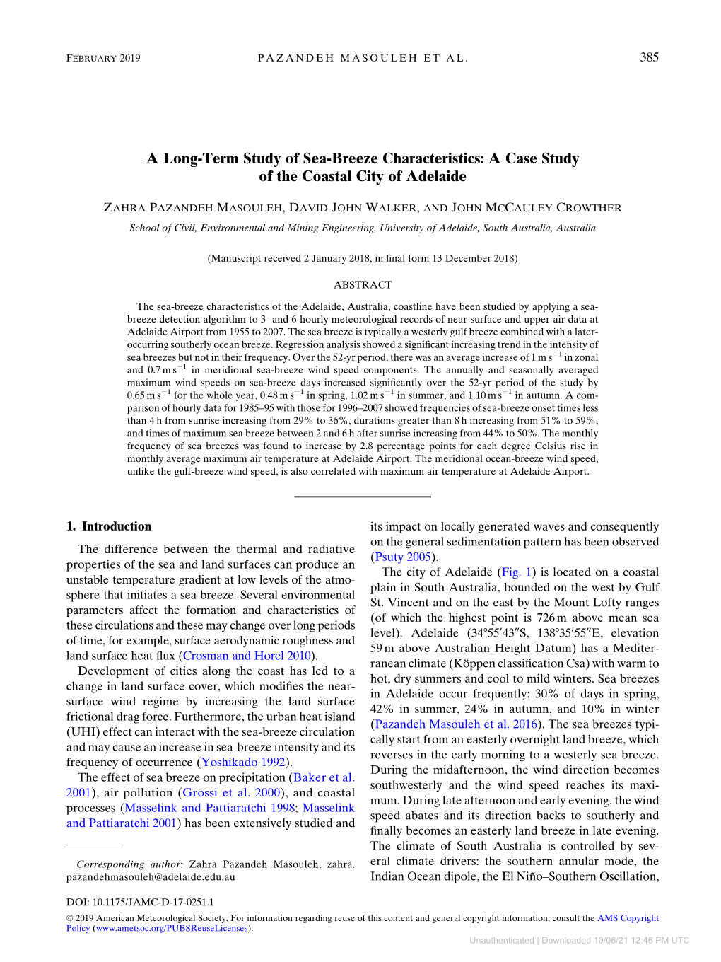 A Long-Term Study of Sea-Breeze Characteristics: a Case Study of the Coastal City of Adelaide