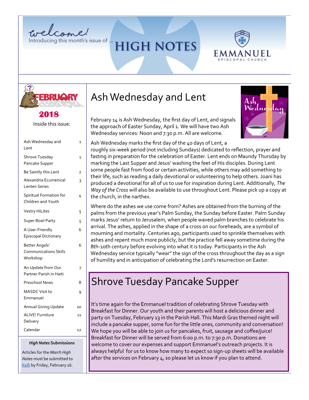 Ash Wednesday and Lent Shrove Tuesday Pancake Supper