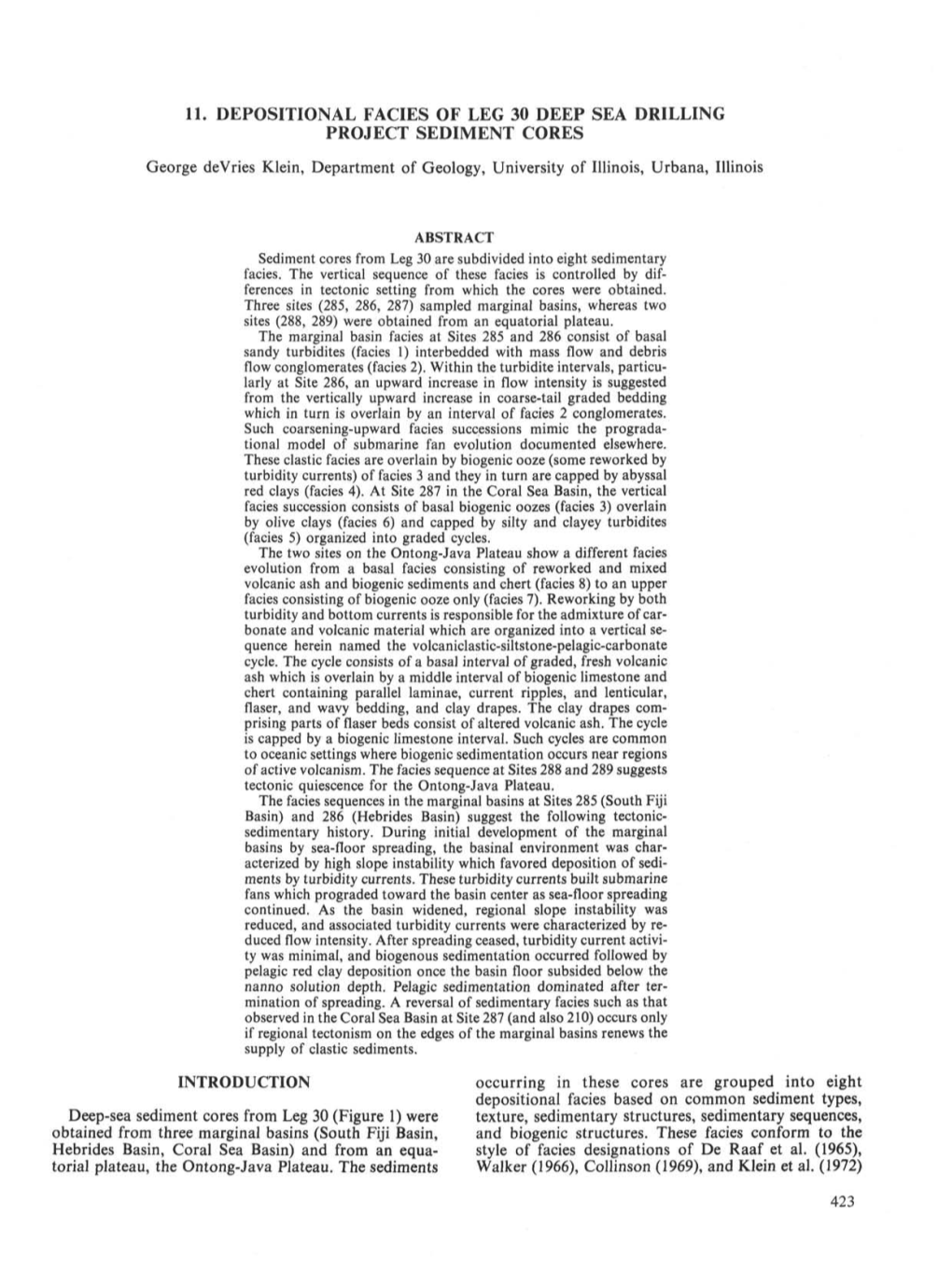 11. Depositional Facies of Leg 30, Deep Sea Drilling Project Sediment