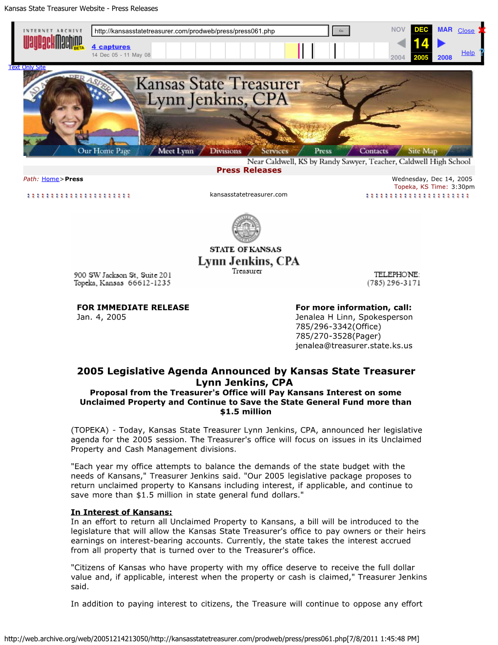 2005 Legislative Agenda Announced by Kansas State Treasurer Lynn