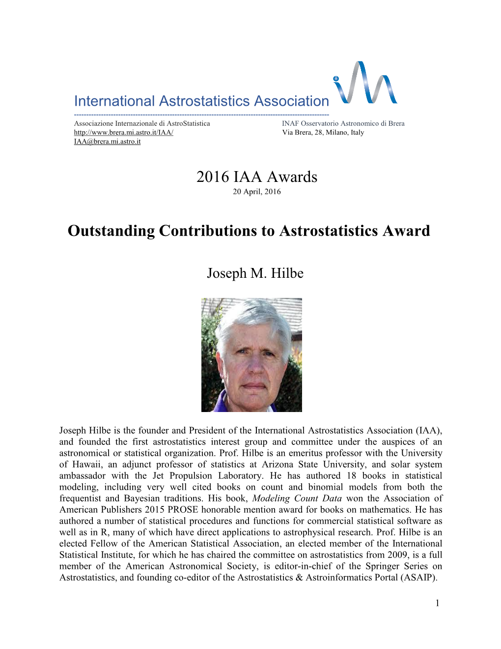 2016 IAA Awards Outstanding Contributions to Astrostatistics Award