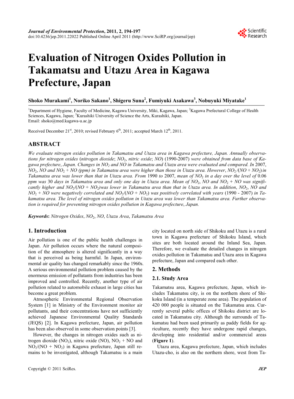 Evaluation of Nitrogen Oxides Pollution in Takamatsu and Utazu Area in Kagawa Prefecture, Japan