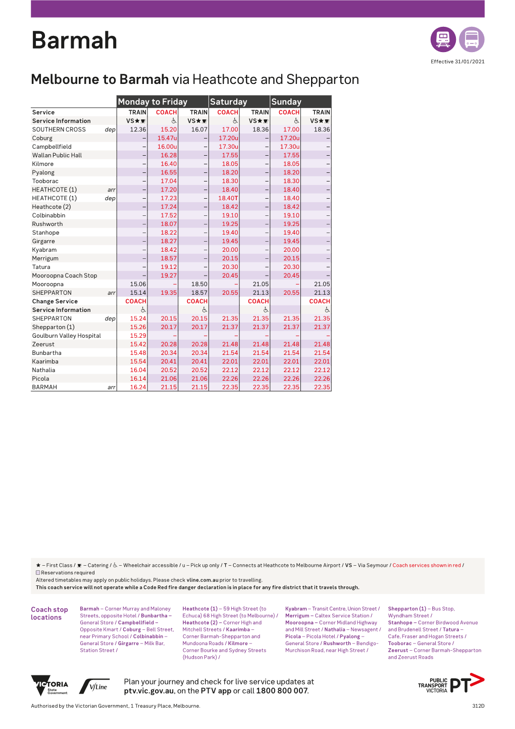 Barmah AD Effective 31/01/2021 Melbourne to Barmah Via Heathcote and Shepparton