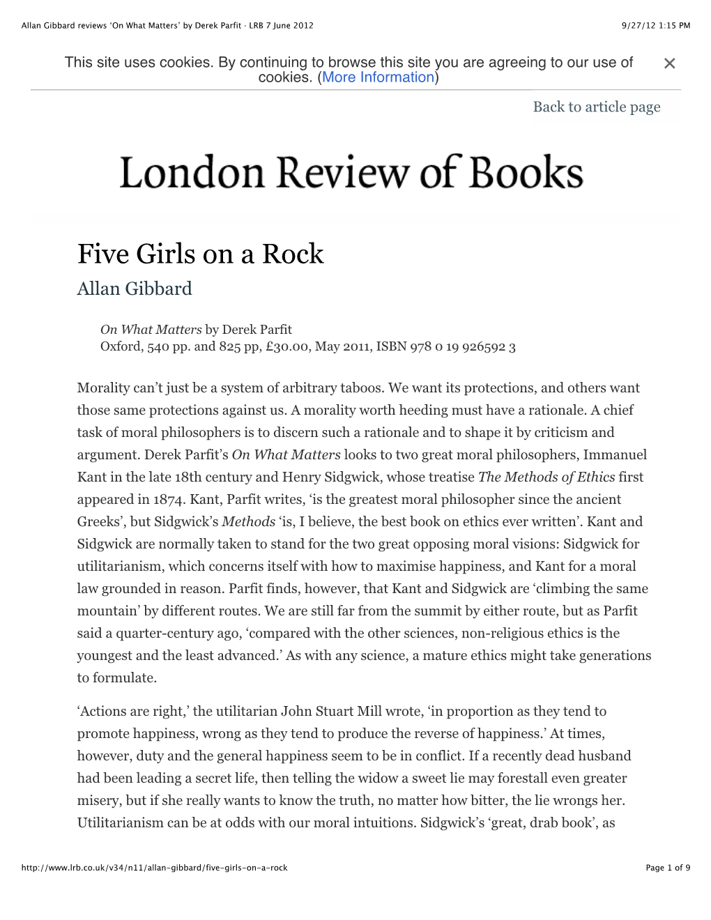 Allan Gibbard Reviews ‘On What Matters’ by Derek Parfit · LRB 7 June 2012 9/27/12 1:15 PM