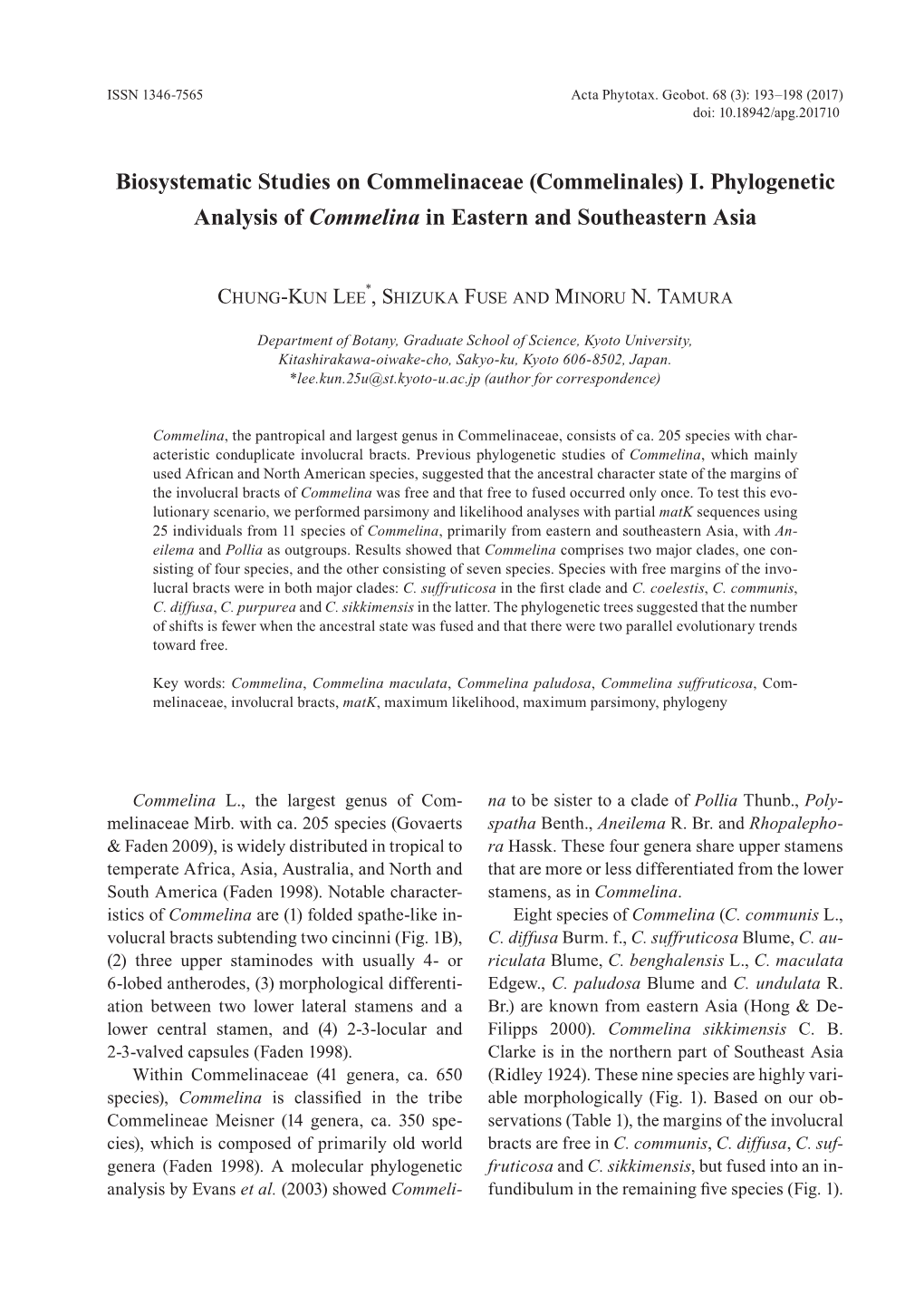 Biosystematic Studies on Commelinaceae (Commelinales) I