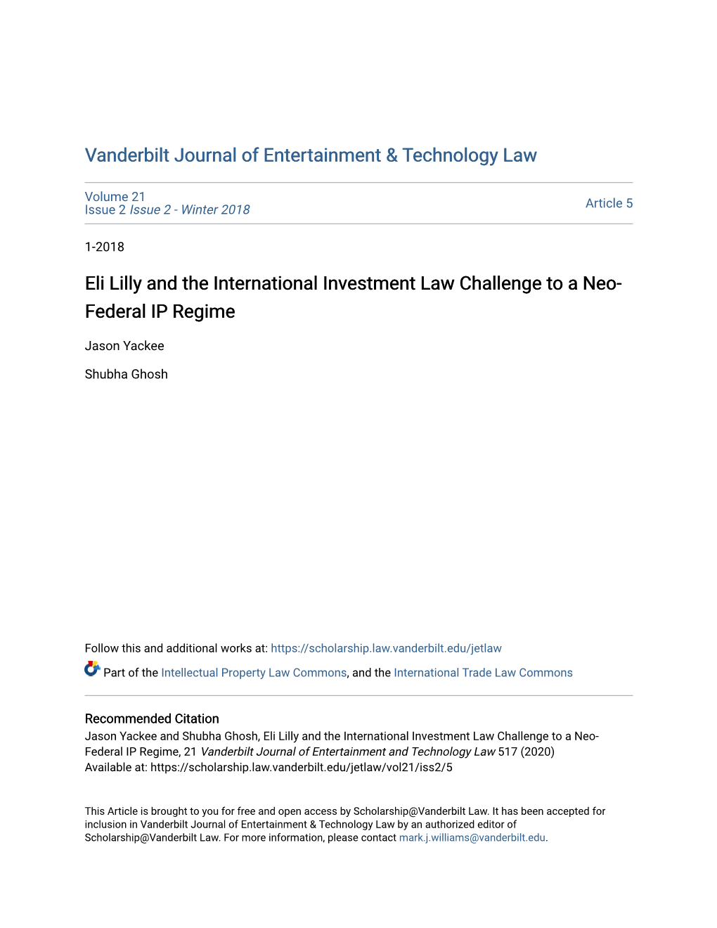 Eli Lilly and the International Investment Law Challenge to a Neo- Federal IP Regime