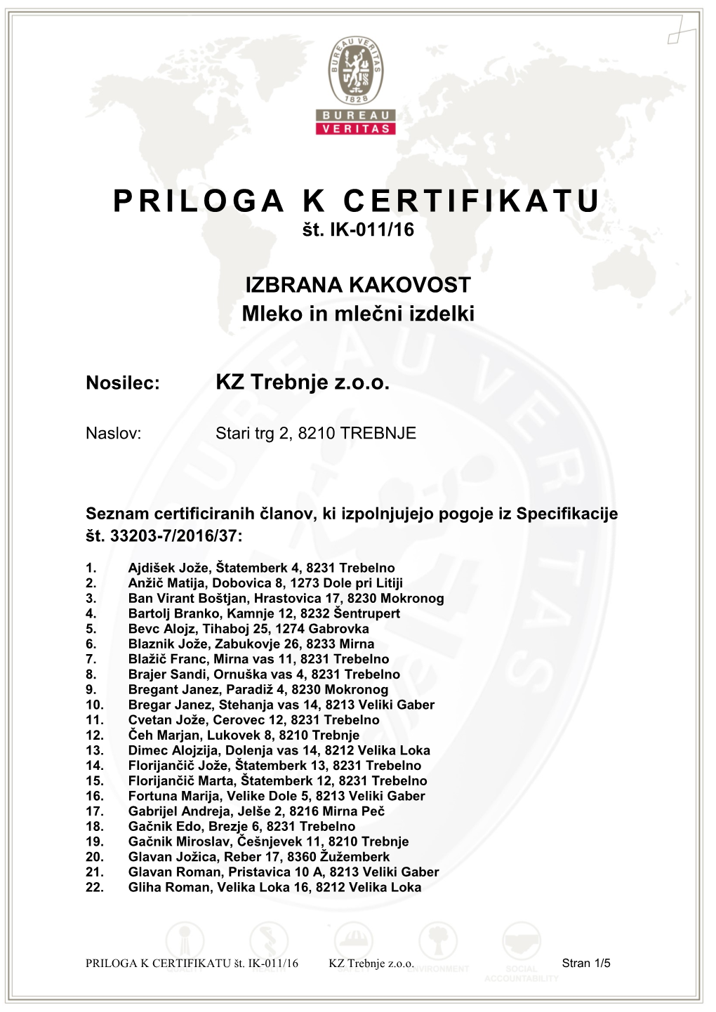 PRILOGA K CERTIFIKATU Št