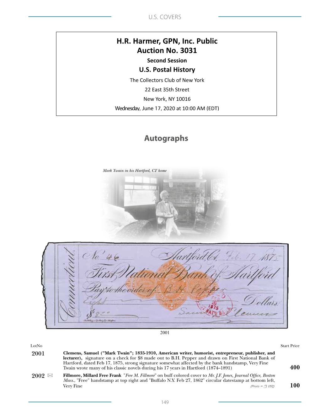 Autographs H.R. Harmer, GPN, Inc. Public Auction No. 3031