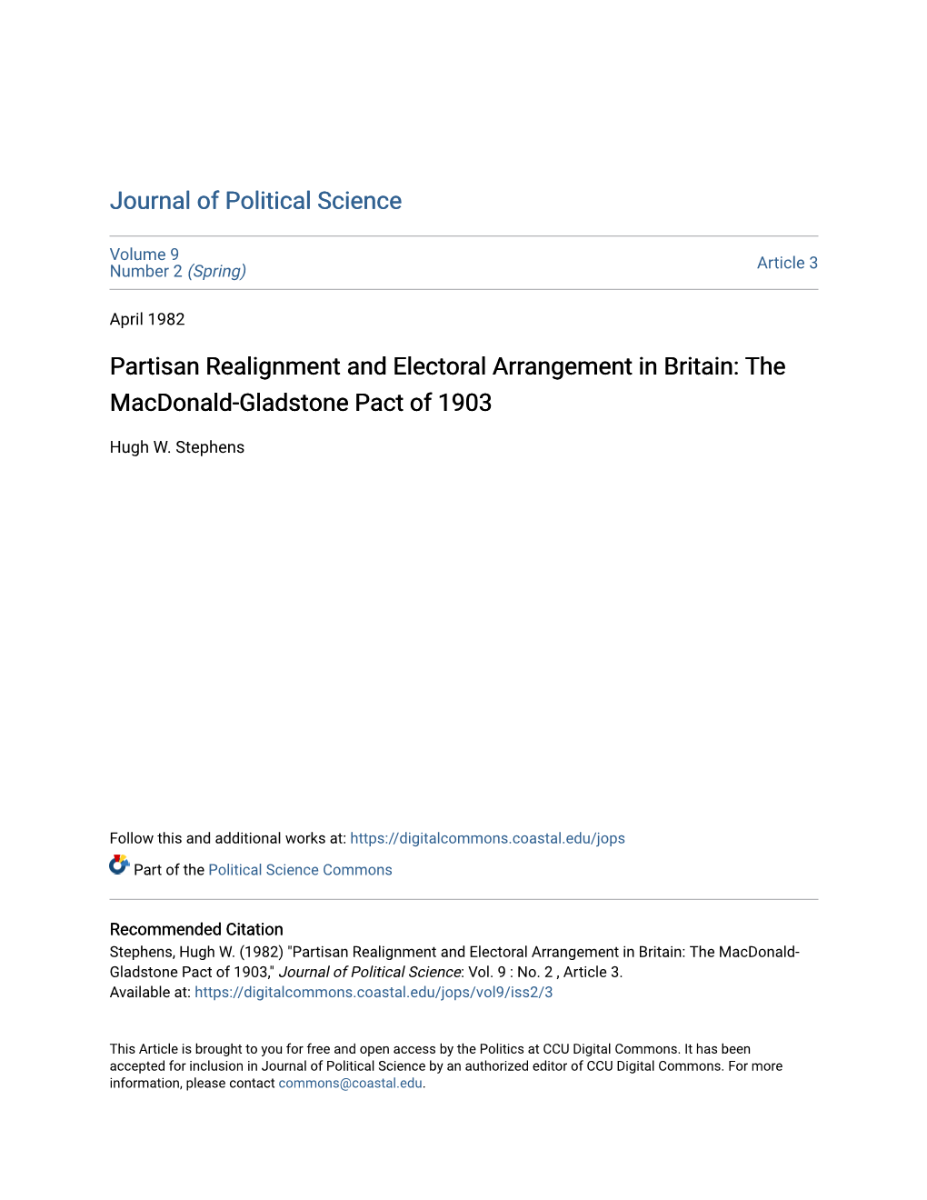 Partisan Realignment and Electoral Arrangement in Britain: the Macdonald-Gladstone Pact of 1903