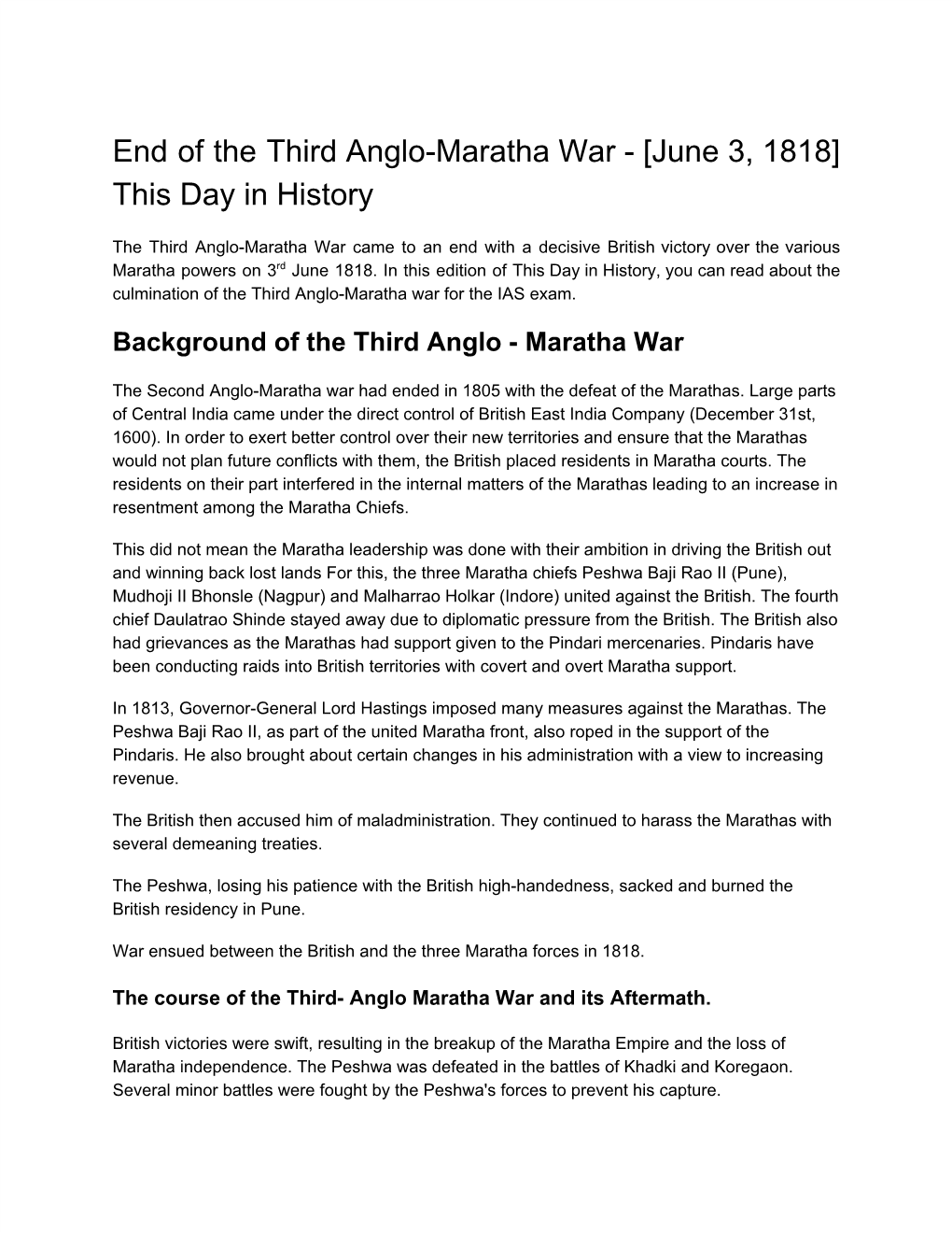 End of the Third Anglo-Maratha War - [June 3, 1818] This Day in History