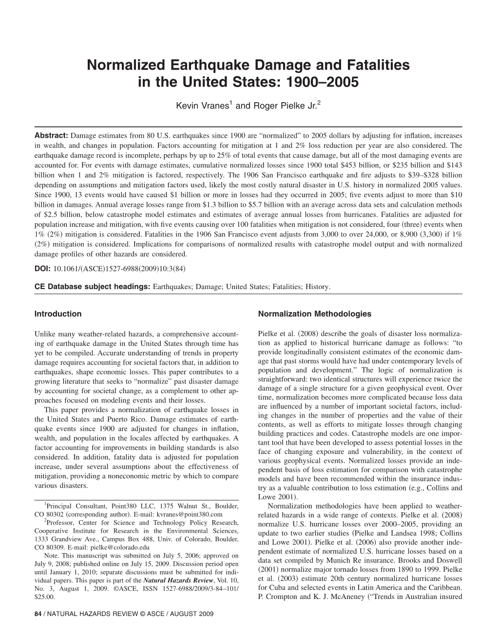 Normalized Earthquake Damage and Fatalities in the United States: 1900–2005