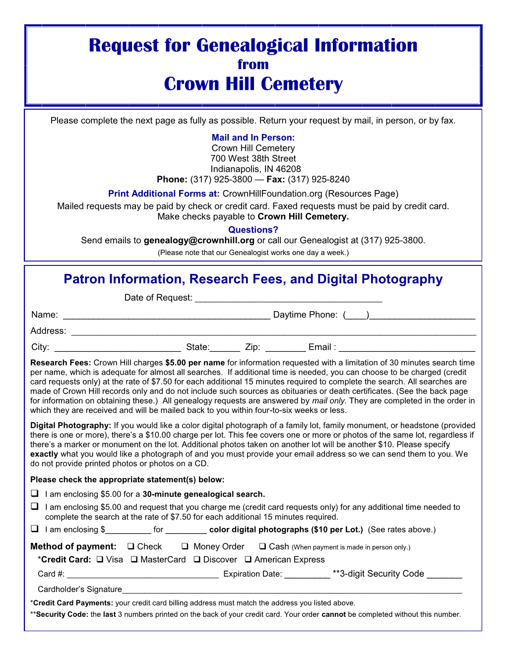 Request for Genealogical Information Crown Hill Cemetery