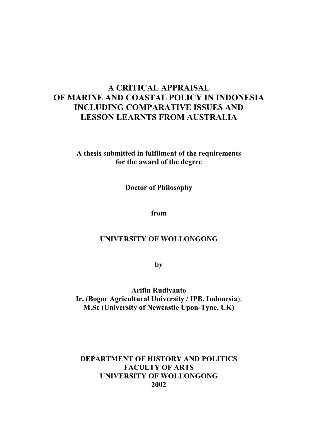 A Critical Appraisal of Marine and Coastal Policy in Indonesia Including Comparative Issues and Lesson Learnts from Australia