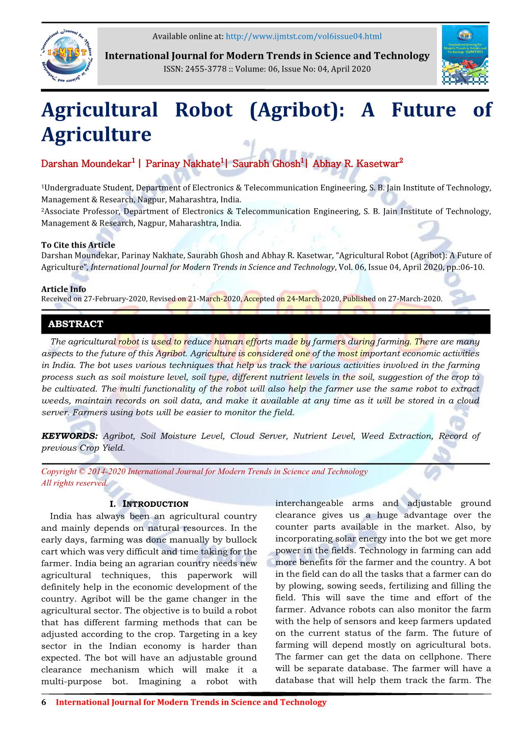 Agricultural Robot (Agribot): a Future of Agriculture