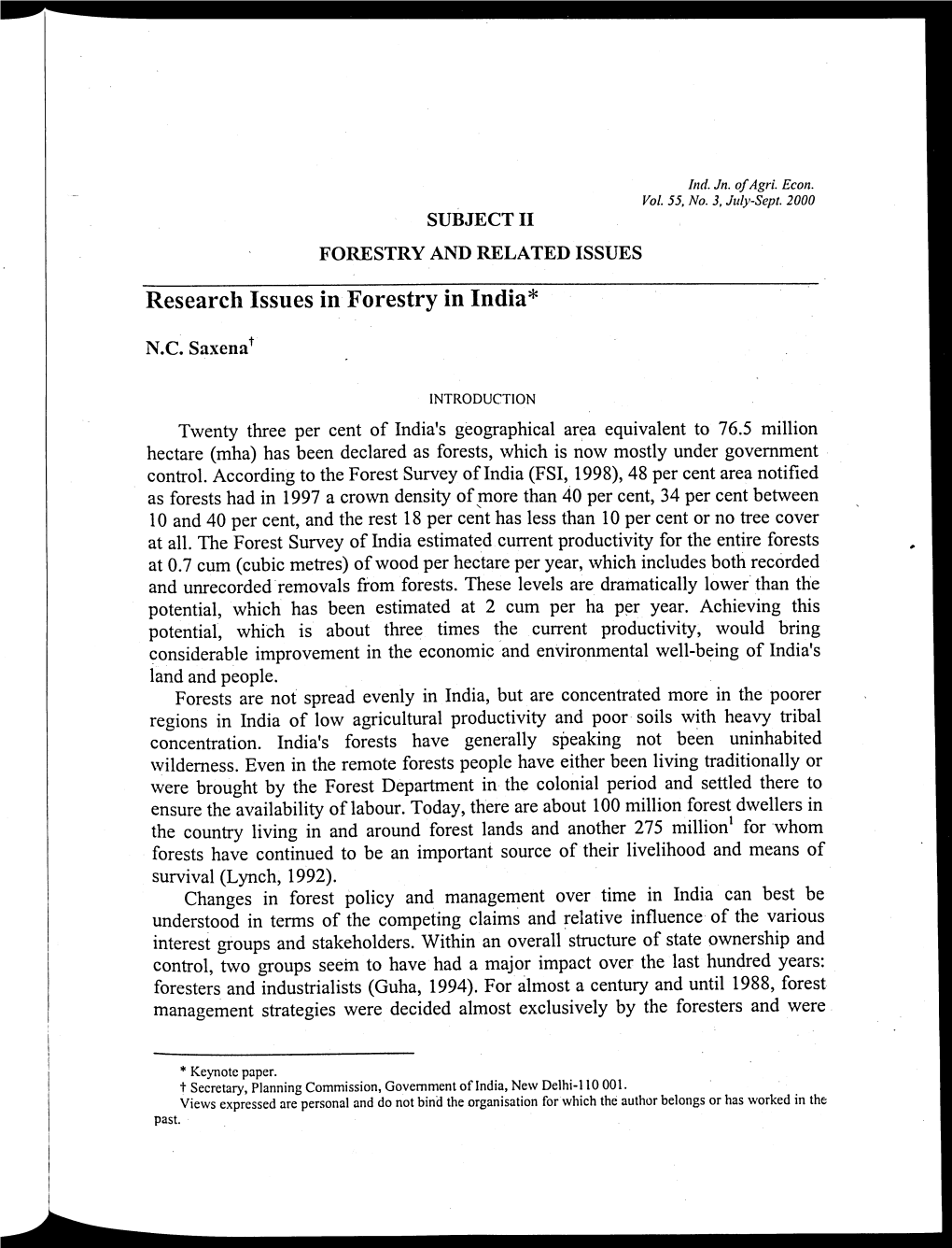 Research Issues in Forestry in India*