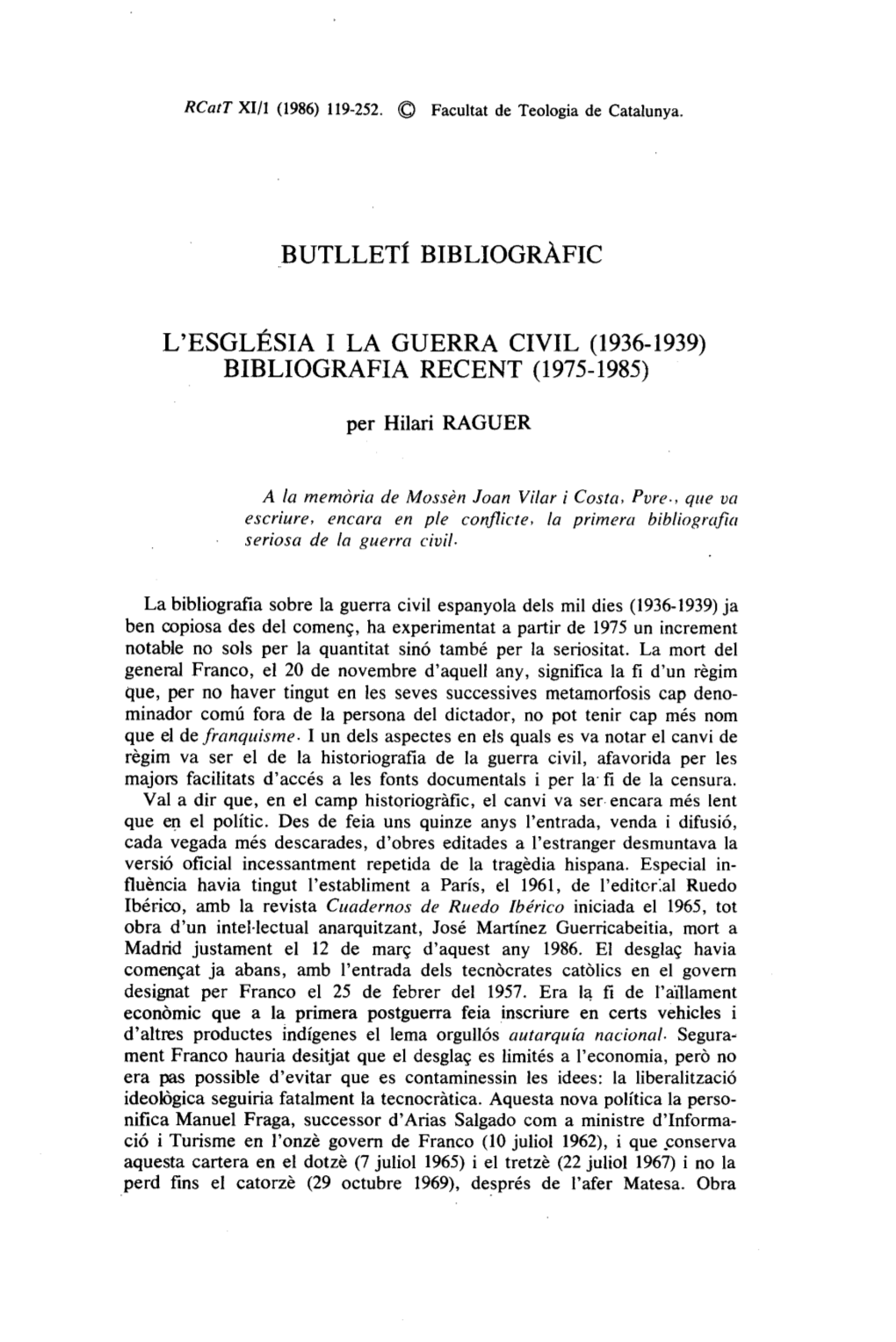 L'església 1 La Guerra Civil (1936-1939) Bibliografia Recent (1975- 1985)