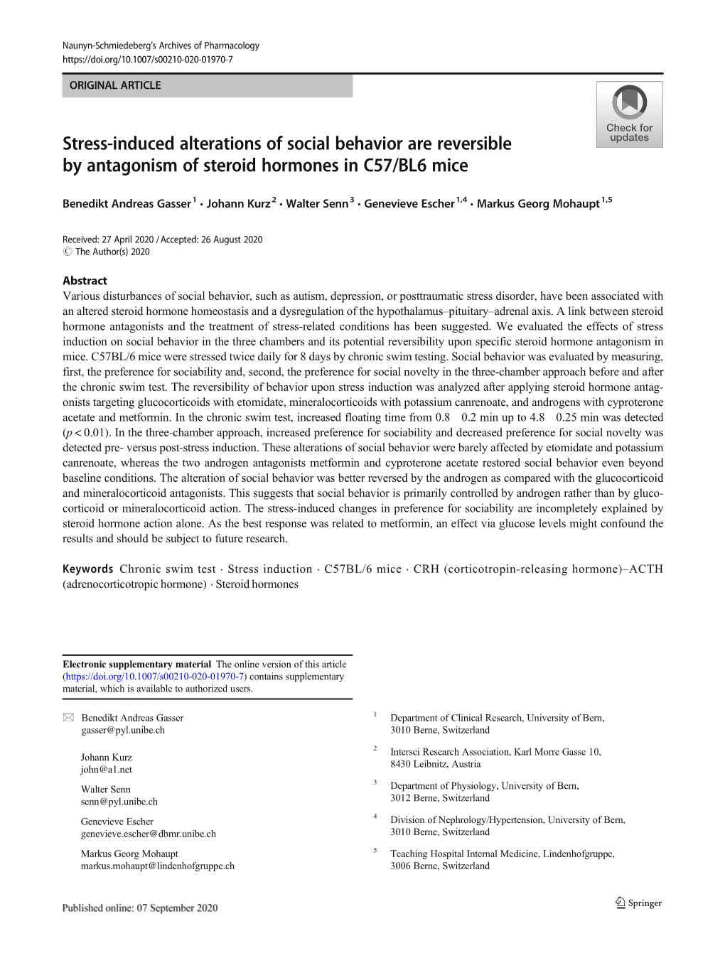 Stress-Induced Alterations of Social Behavior Are Reversible by Antagonism of Steroid Hormones in C57/BL6 Mice