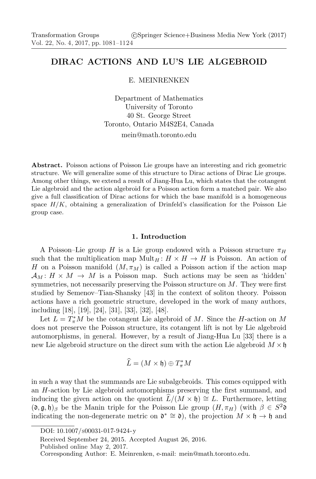 Dirac Actions and Lu's Lie Algebroid