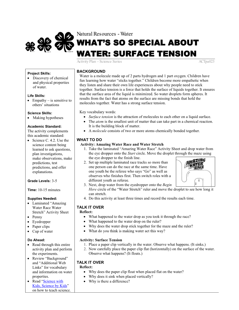 SURFACE TENSION Activity Plan – Science Series Actpa023