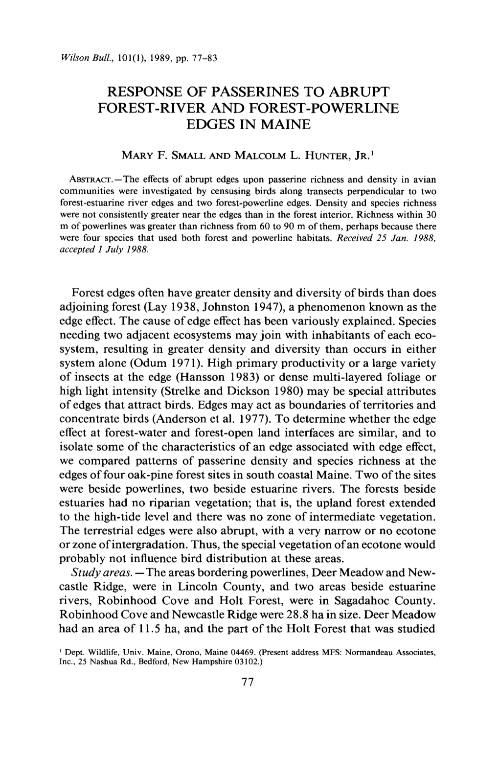 Response of Passerines to Abrupt Forest-River and Forest-Powerline Edges in Maine