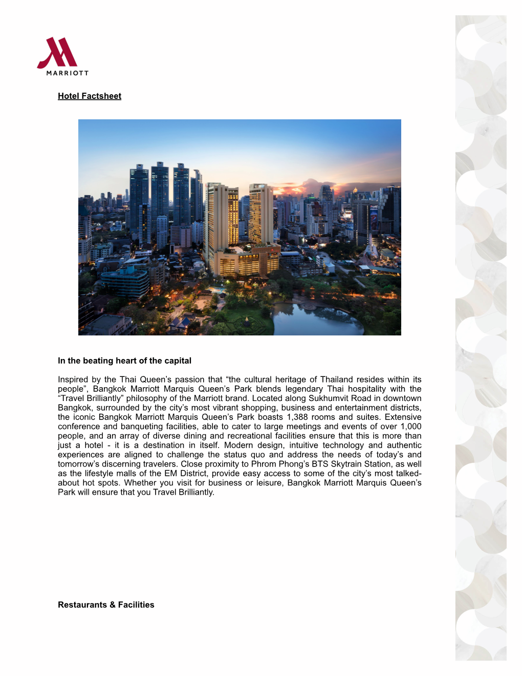 Bangkok Marriott Marquis Queens Park Fact Sheet