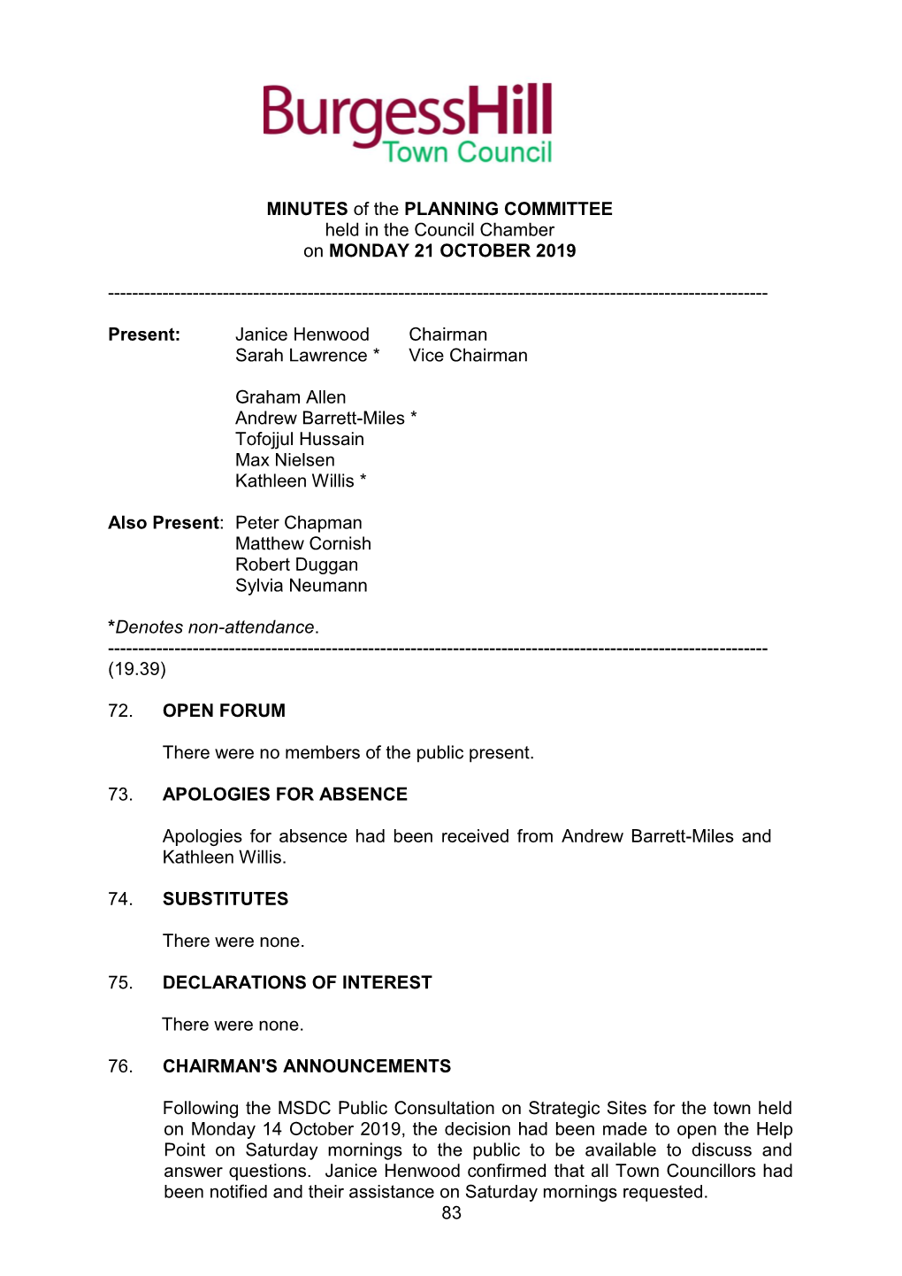 MINUTES of the PLANNING COMMITTEE Held in the Council Chamber on MONDAY 21 OCTOBER 2019