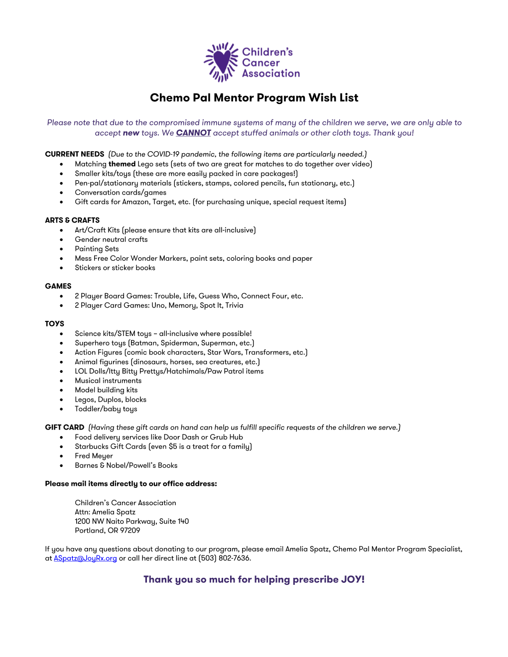 Chemo Pal Mentor Program Wish List