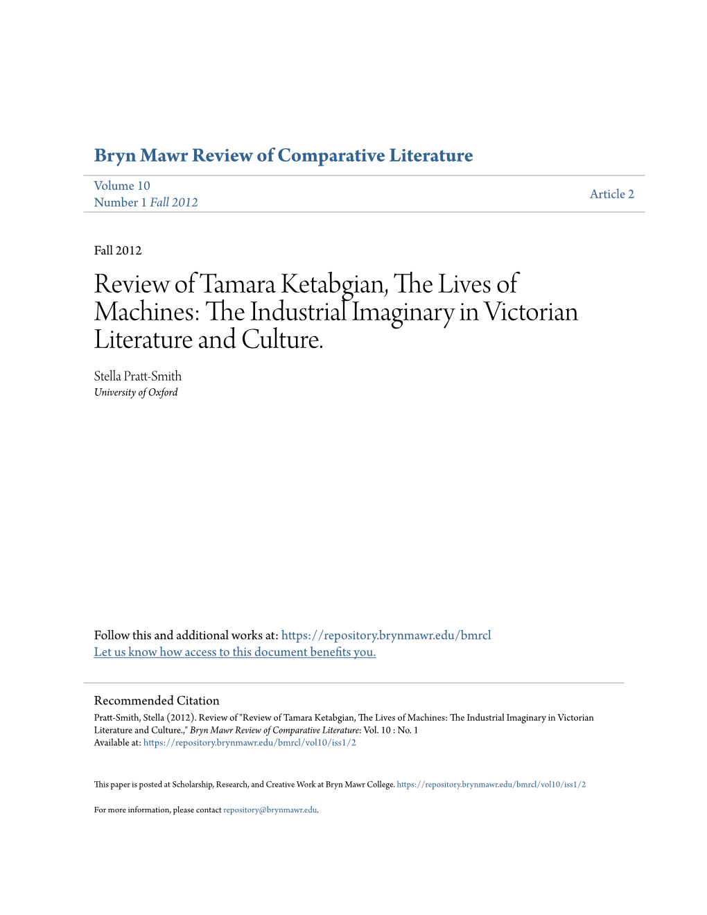 Review of Tamara Ketabgian, the Lives of Machines: the Ndui Strial Imaginary in Victorian Literature and Culture