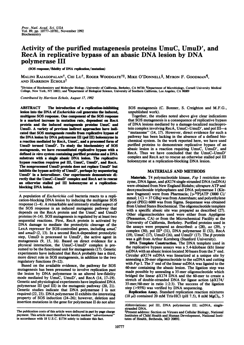 Activity of the Purified Mutagenesis Proteins Umuc, Umud', and Reca