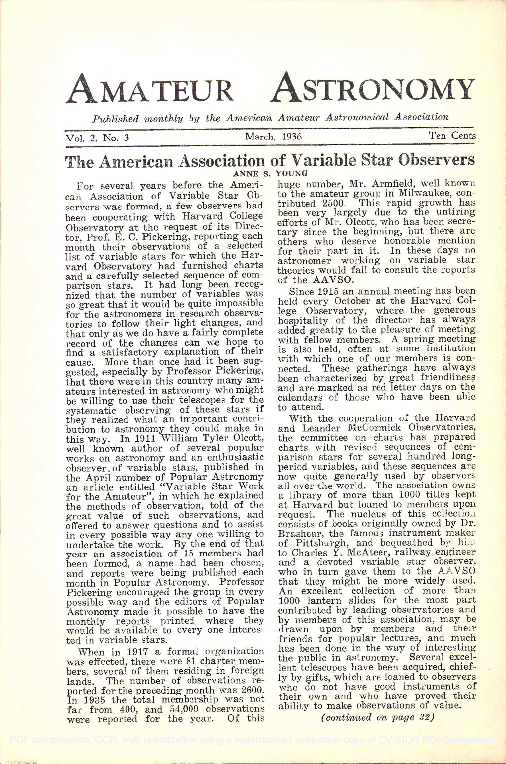 The American Association of Variable Star Observers ANNE YOUNG for Several Years Before the Amen- Huge Number, Mr