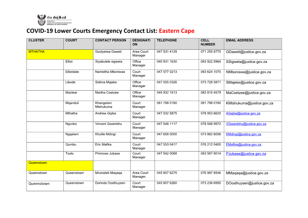 COVID-19 Lower Courts Emergency Contact List: Eastern Cape