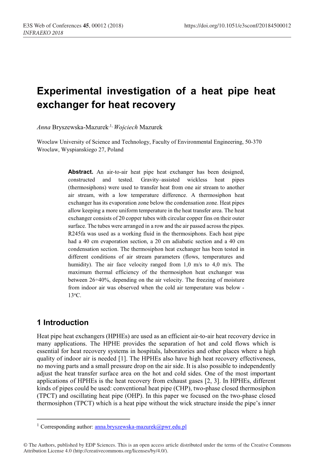 Experimental Investigation of a Heat Pipe Heat Exchanger for Heat Recovery