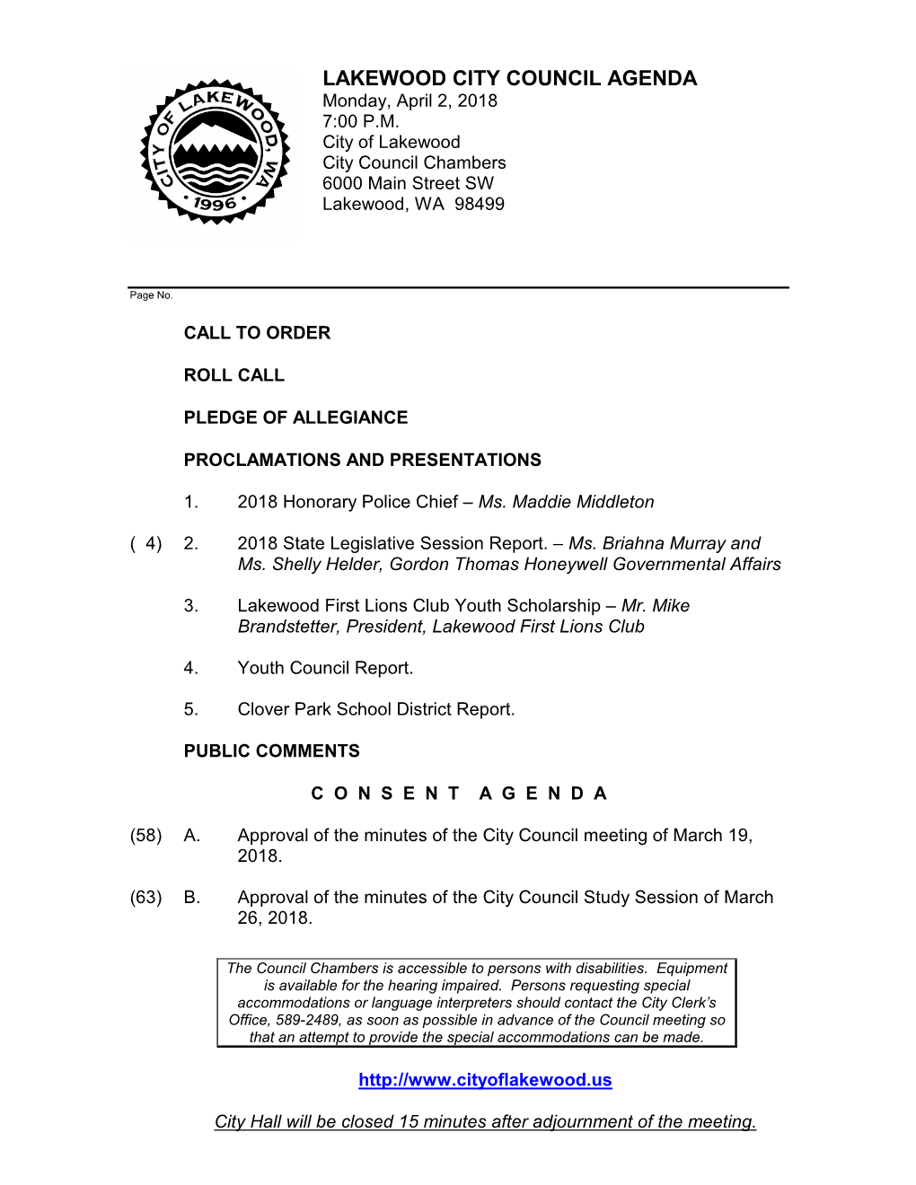 LAKEWOOD CITY COUNCIL AGENDA Monday, April 2, 2018 7:00 P.M