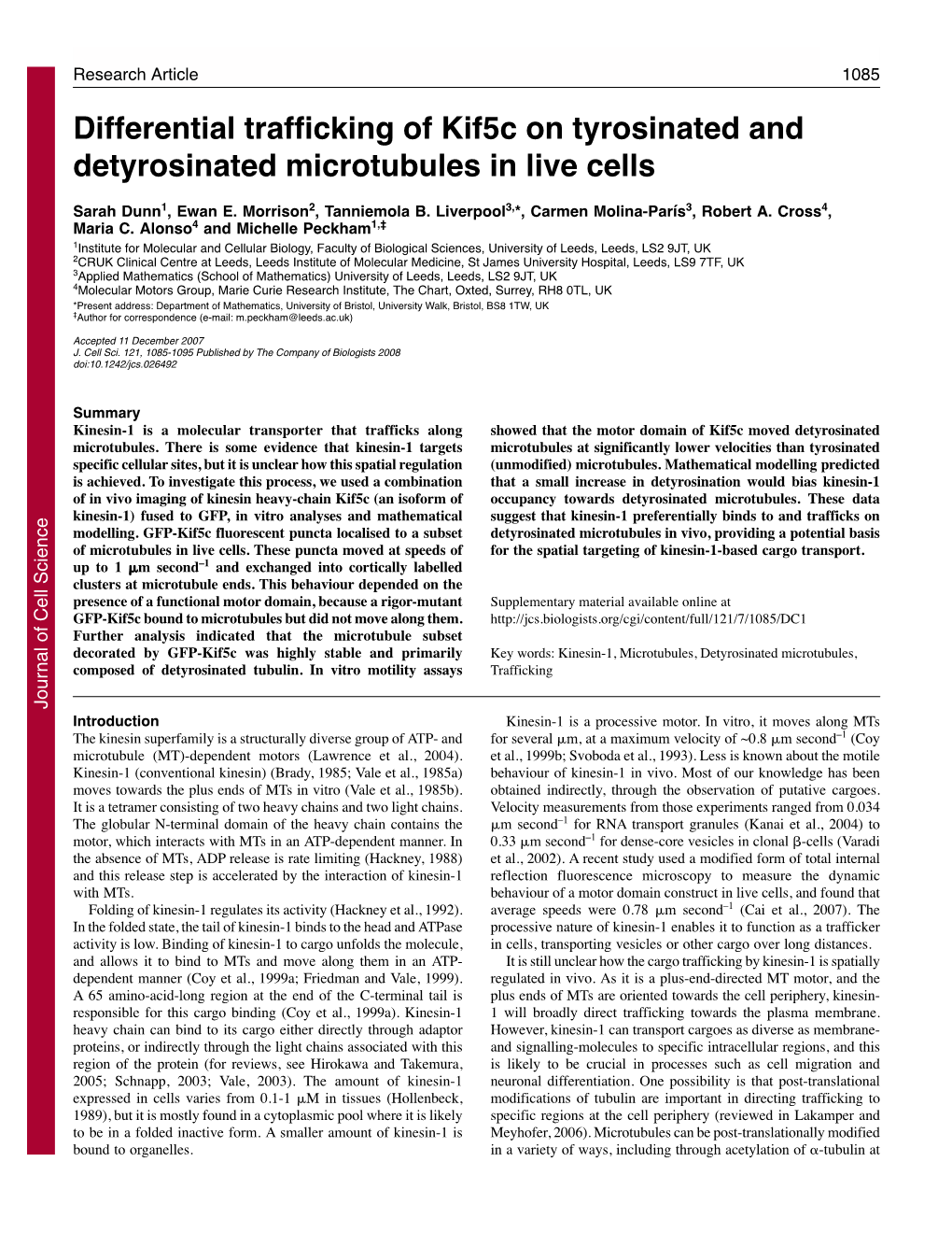 Differential Trafficking of Kif5c on Tyrosinated and Detyrosinated Microtubules in Live Cells